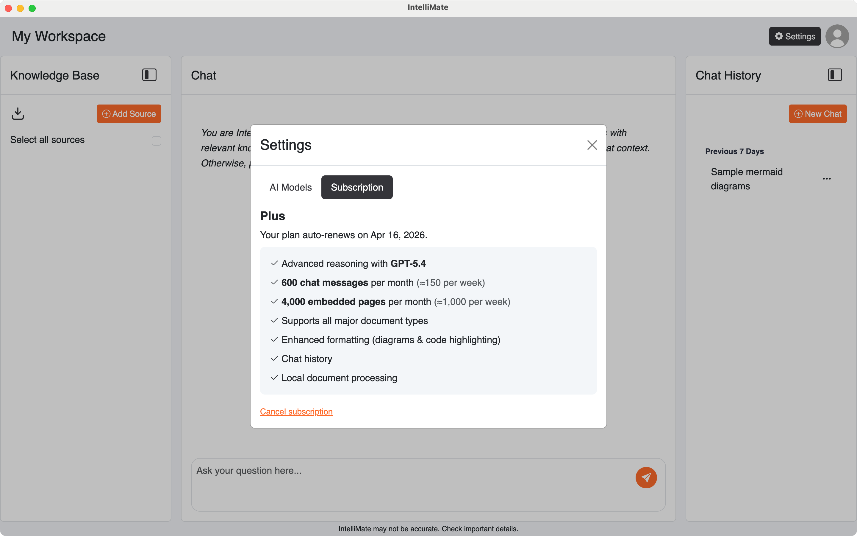 IntelliMate Settings Subscription tab with cancel subscription