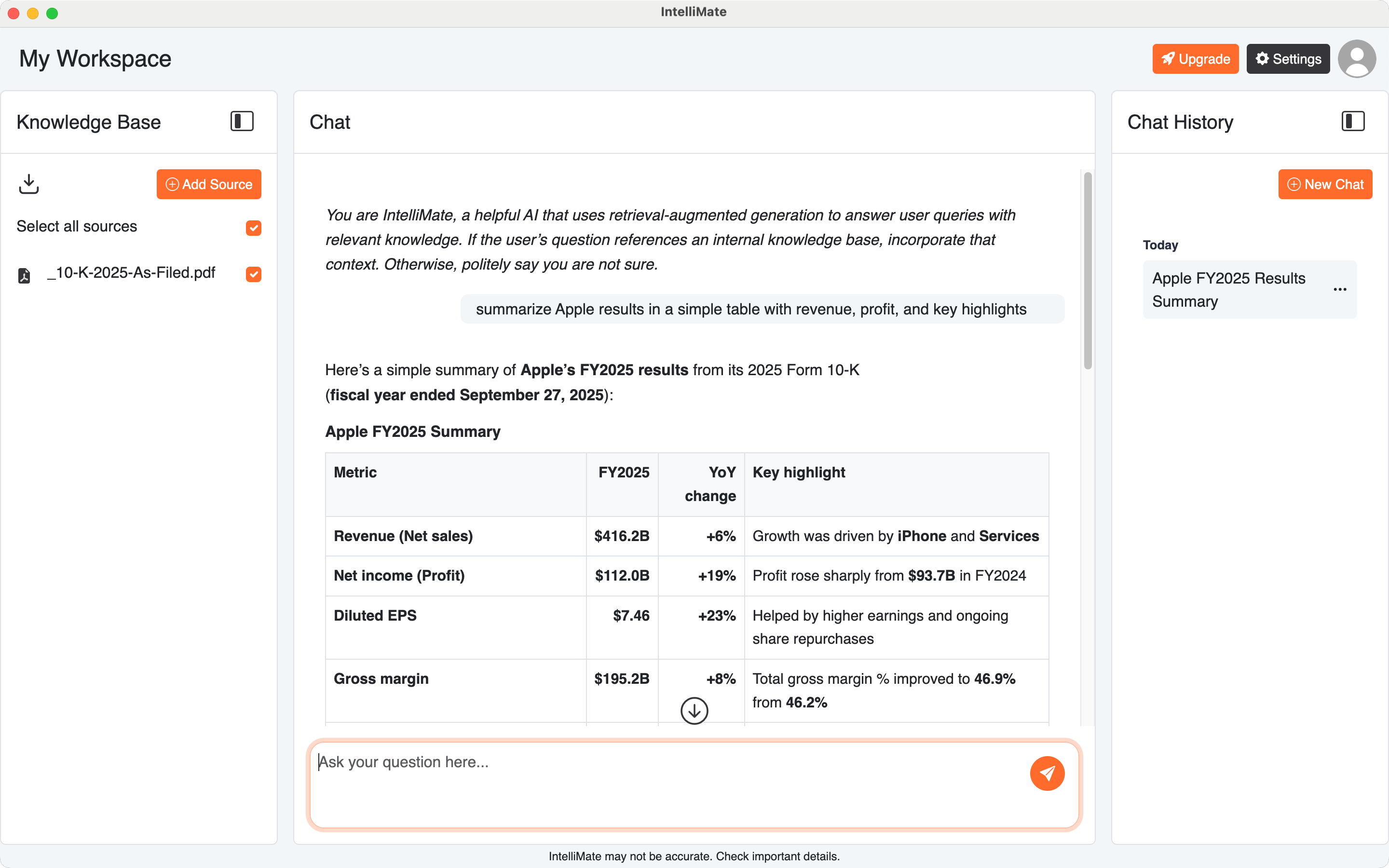 IntelliMate chat workspace with a first conversation