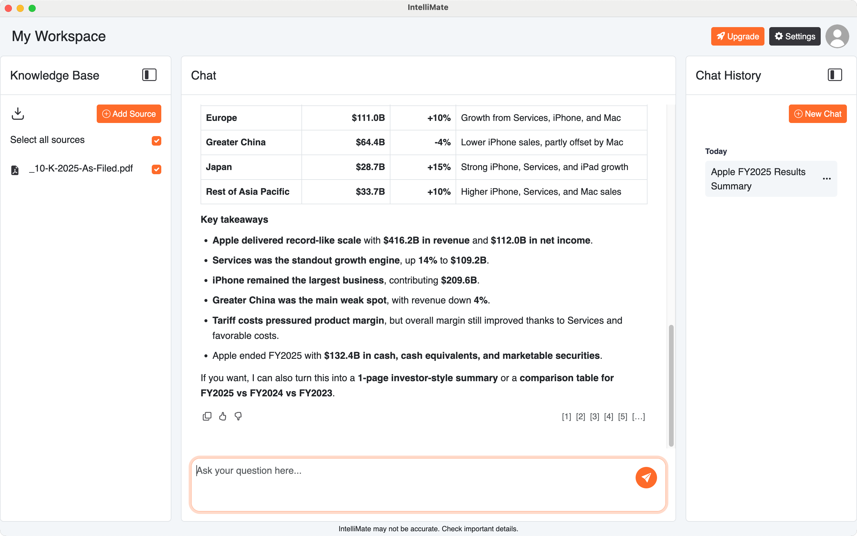 IntelliMate AI response with source references and feedback actions